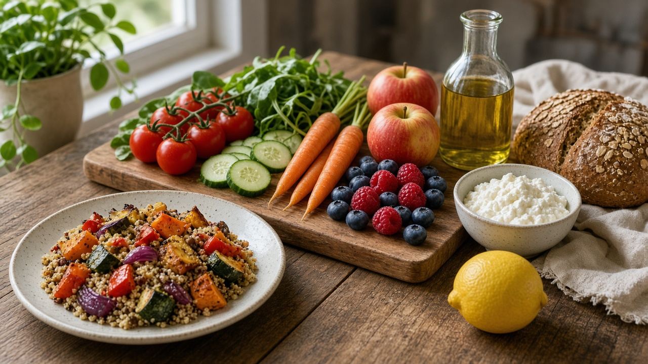 Тарелка, овощи, фрукты и простые продукты на столе